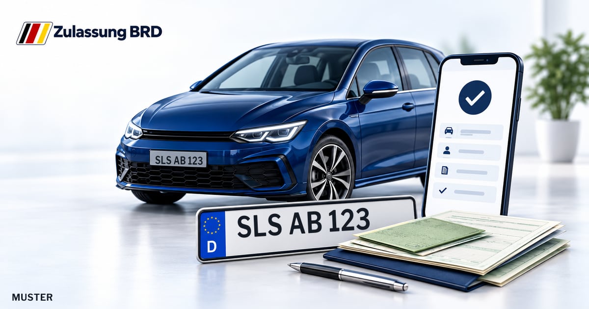 Online Fahrzeugzulassung in Saarwellingen: Musterkennzeichen SLS AB 123, Auto und Fahrzeugpapiere und Smartphone. Illustration mit Logo von Zulassung BRD.